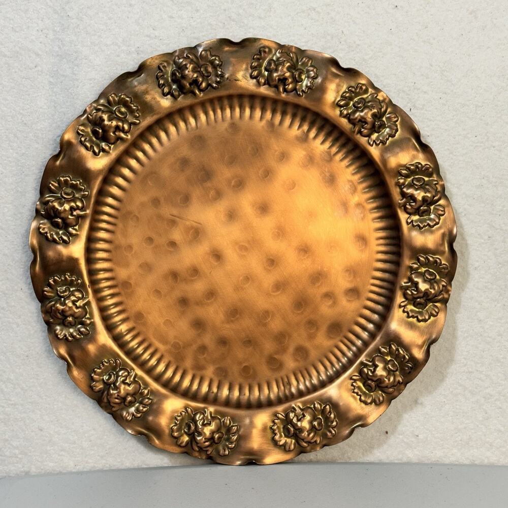 Vintage Solid Copper Gregorian Hammered Metal 13 1/2” Wall Hanging Art Plate VTG